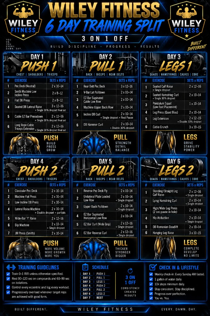 Wiley Fitness 6-day training split graphic delivered as the plan.